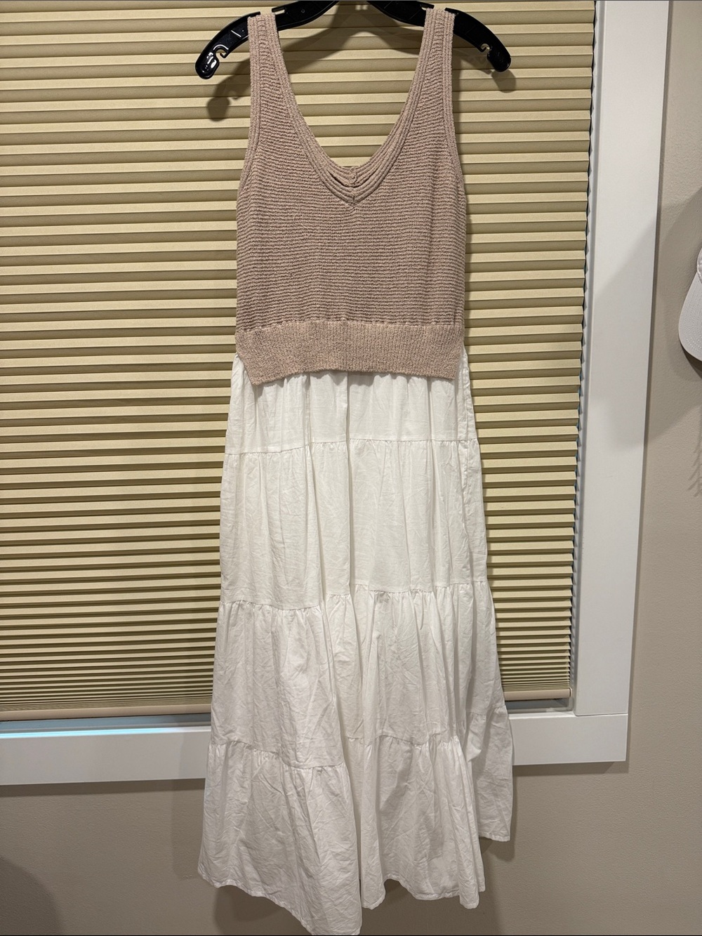 V-Neck Blush Knit Bodice Maxi Dress with White Tiered Skirt
